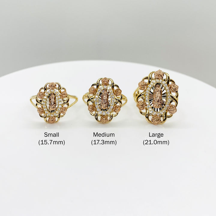 10k & 14k Gold Virgin Mary Guadalupe Bloom Rose Tri-Color Round Ring