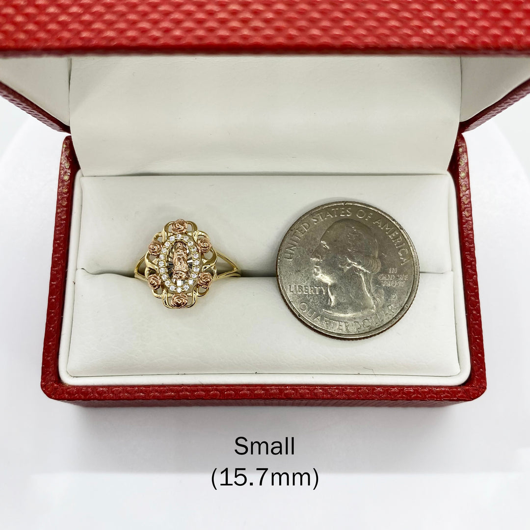 10k & 14k Gold Virgin Mary Guadalupe Bloom Rose Tri-Color Round Ring