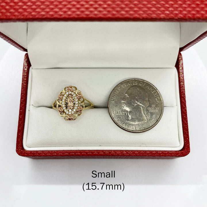 10k & 14k Gold Virgin Mary Guadalupe Bloom Rose Tri-Color Round Ring