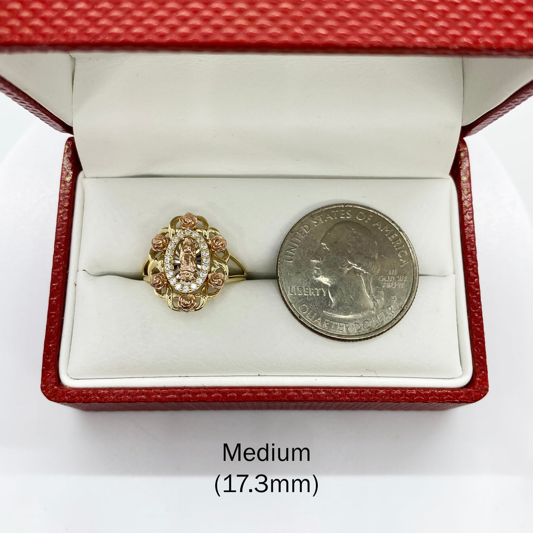 10k & 14k Gold Virgin Mary Guadalupe Bloom Rose Tri-Color Round Ring