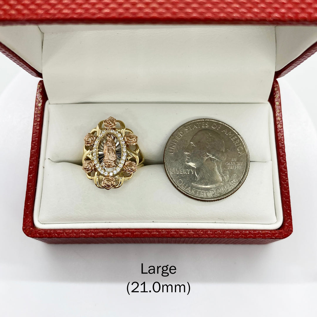 10k & 14k Gold Virgin Mary Guadalupe Bloom Rose Tri-Color Round Ring