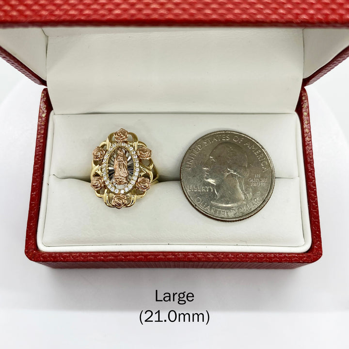 10k & 14k Gold Virgin Mary Guadalupe Bloom Rose Tri-Color Round Ring