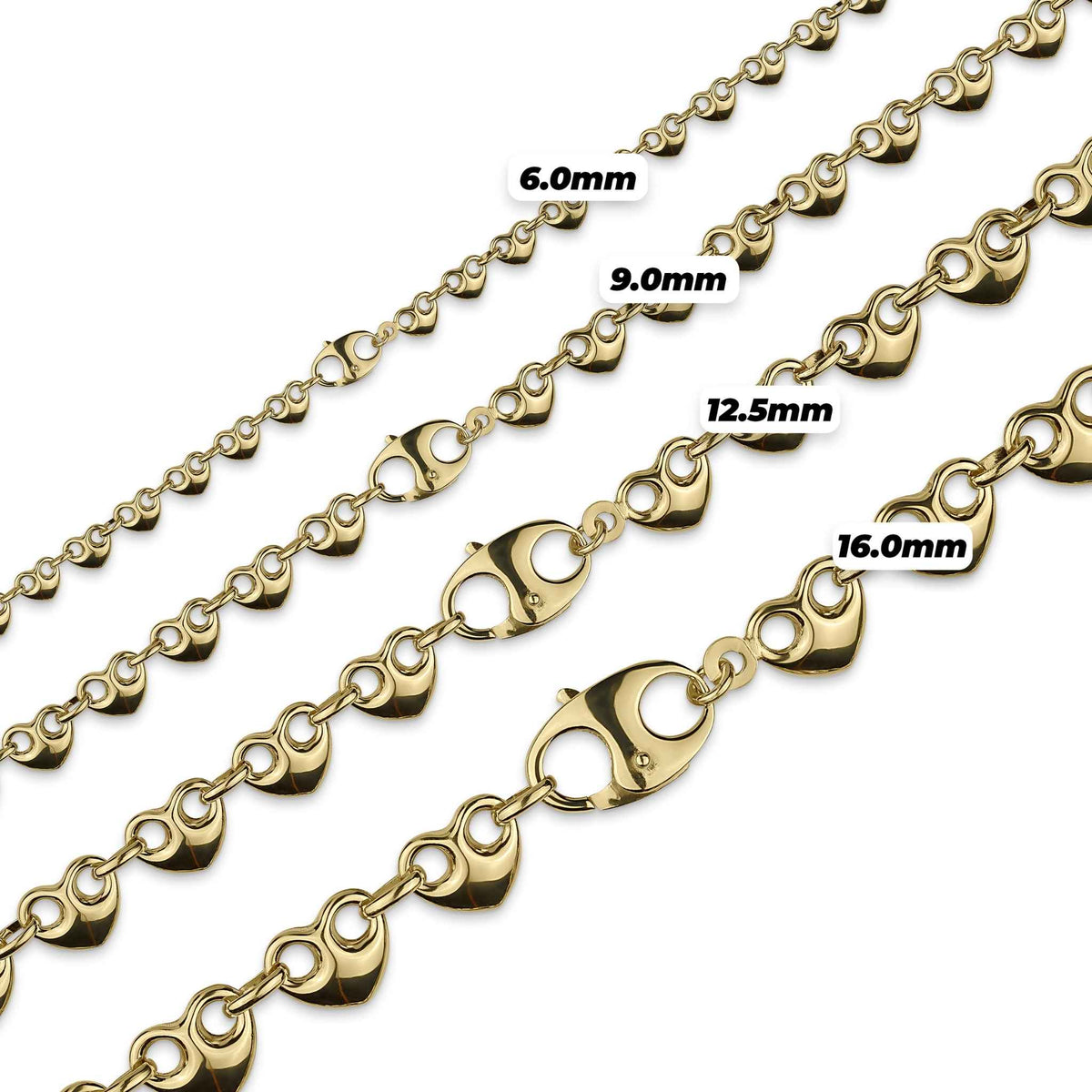 10k yellow gold hollow classic puff heart Gucci link chain necklace width options from 6.0mm to 16.0mm.