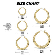 Size guide chart comparing five sizes of heart-themed twisted gold hoop earrings with a coin for scale.