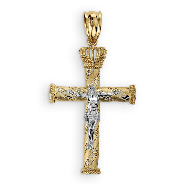 Solid 10k Two-Tone Gold Cross Pendant - INRI Crucifix, 1.39 Inch Handmade In USA