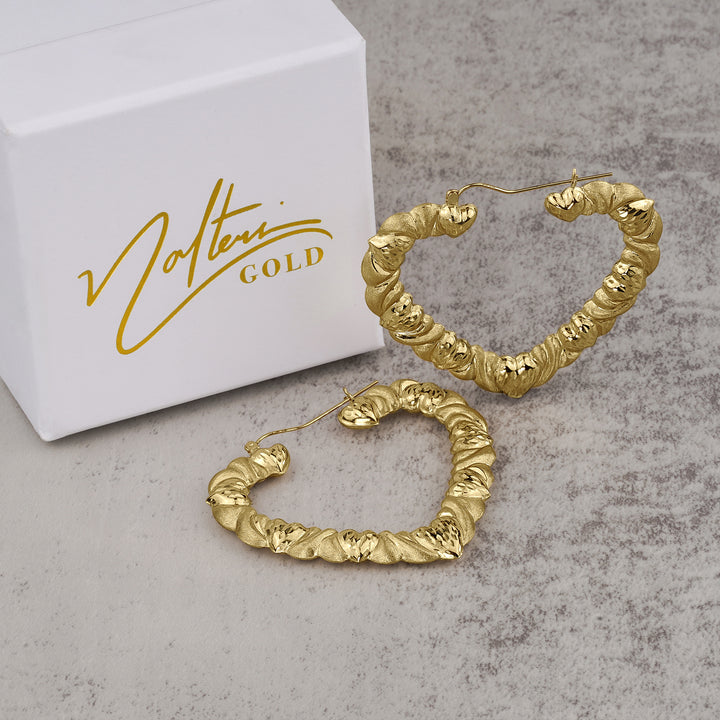10k Gold Textur Heart Twisted Heart Hoop Earrings