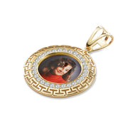 Gold round memorial pendant featuring a custom photo of a woman, crystal halo, and Greek key border.