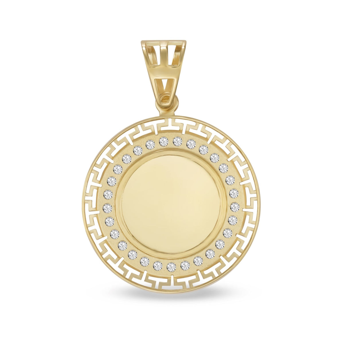 Round gold pendant with a blank center, crystal halo, and Greek key border.