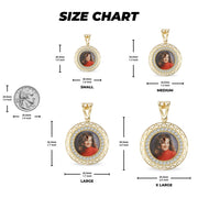 Size chart diagram displaying small, medium, large, and extra-large pendant dimensions and coin reference.