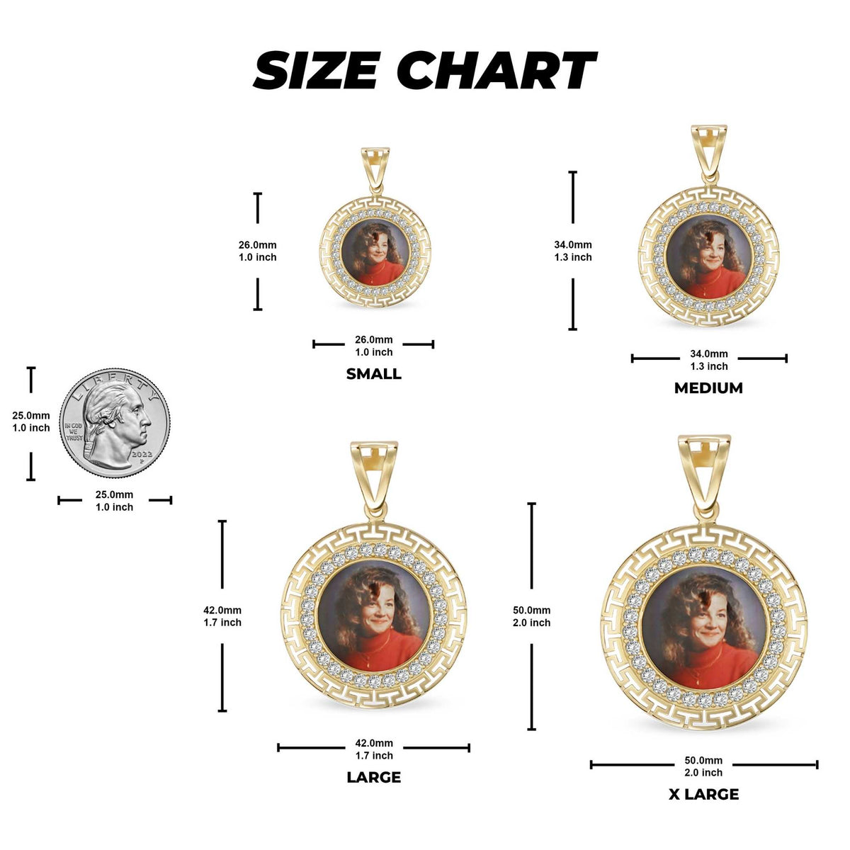 Size chart diagram displaying small, medium, large, and extra-large pendant dimensions and coin reference.