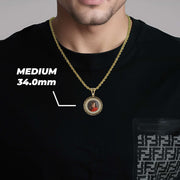 Man wearing a gold chain necklace with a medium 34.0mm round memorial pendant featuring a custom photo.