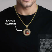 Man wearing a gold chain necklace with a large 42.0mm round memorial pendant featuring a custom photo.