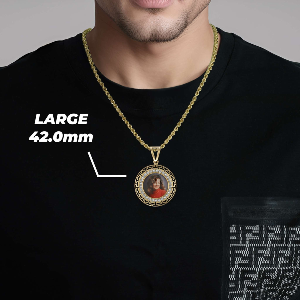 Man wearing a gold chain necklace with a large 42.0mm round memorial pendant featuring a custom photo.