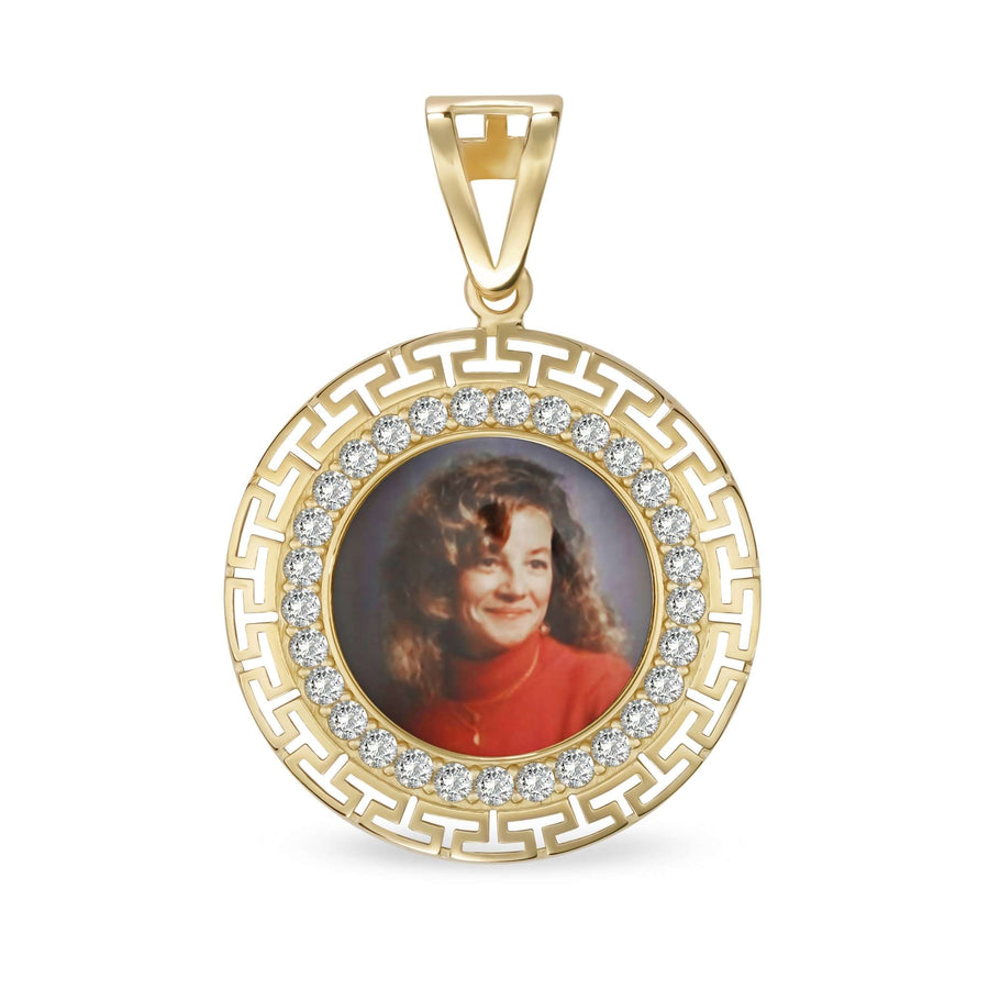 Gold round memorial pendant featuring a Greek key design, crystal halo, and custom portrait.