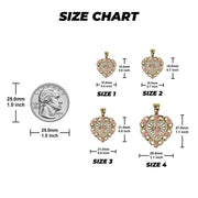 Size guide showing the San Judas heart pendant in four different dimensions relative to a coin.