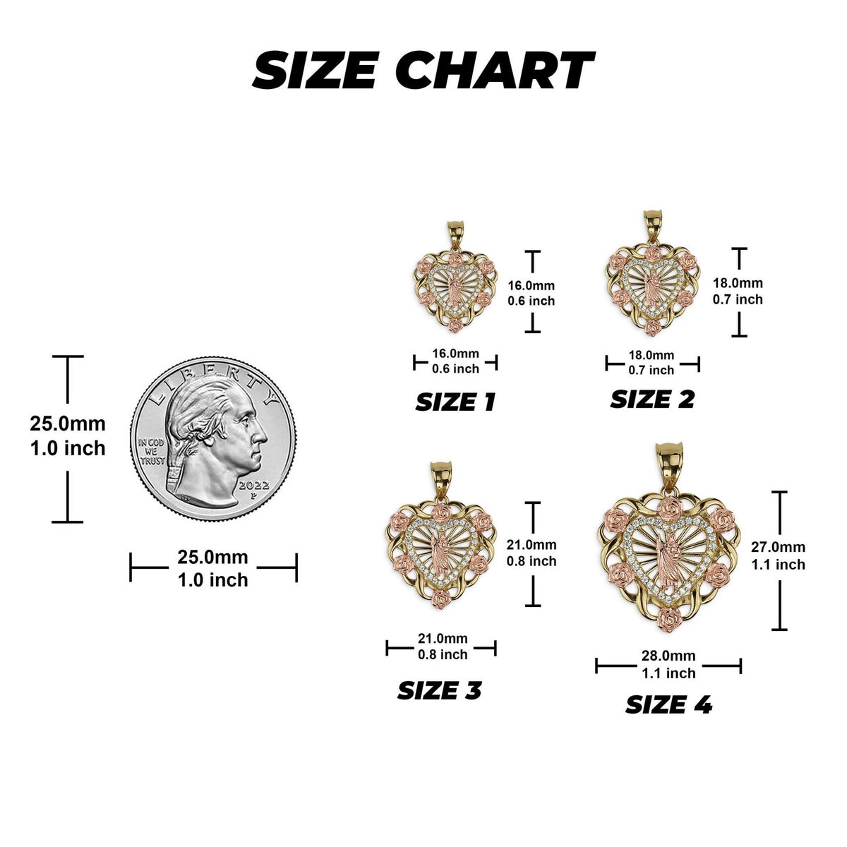 Size guide showing the San Judas heart pendant in four different dimensions relative to a coin.