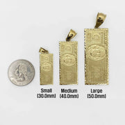 Size chart comparing Small, Medium, and Large gold hundred dollar bill pendants next to a quarter.