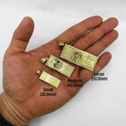 Small, Medium, and Large gold hundred dollar bill pendants displayed on an open hand for scale.