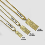 Small, Medium, and Large gold hundred dollar bill pendants paired with 2.7mm, 3.3mm, and 4.5mm rope chains.