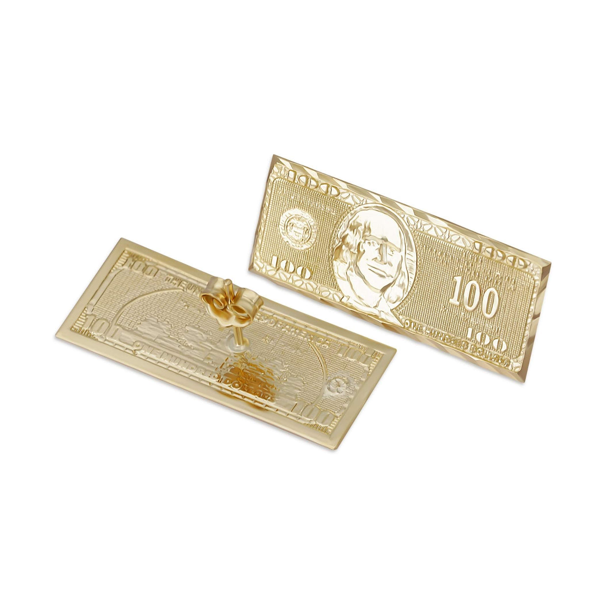 10k and 14k gold Benjamin hundred dollar bill stud earrings, front and back views.