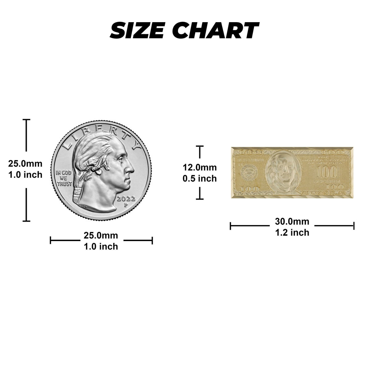 Size chart comparing a gold hundred dollar bill stud earring to a quarter.