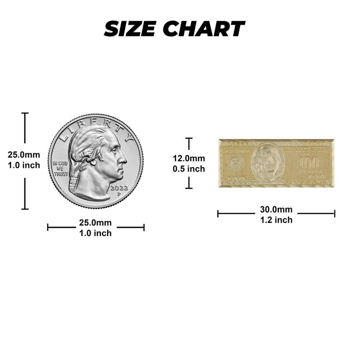Size chart comparing a gold hundred dollar bill stud earring to a quarter.