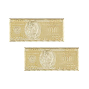 10k and 14k gold Benjamin hundred dollar bill stud earrings, front views.