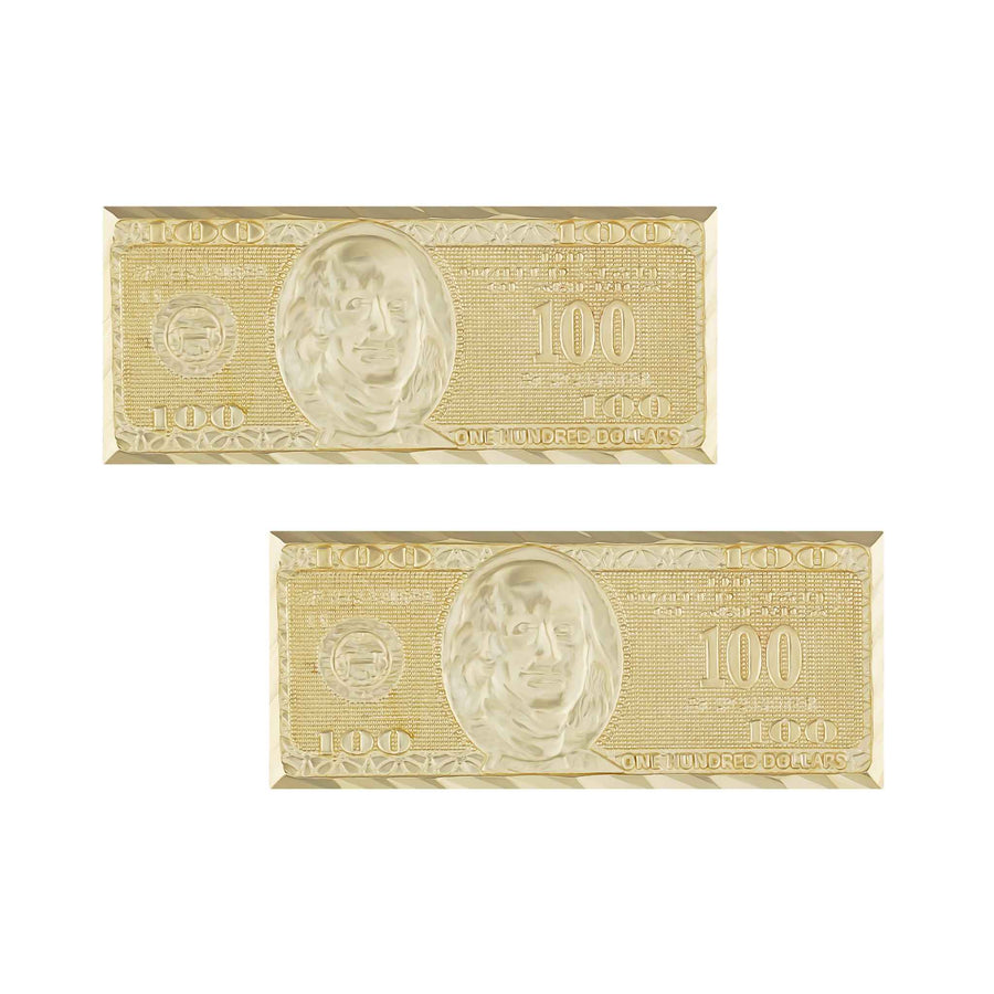 10k and 14k gold Benjamin hundred dollar bill stud earrings, front views.