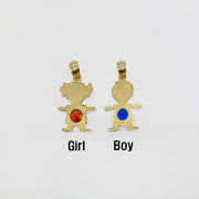 Textured gold girl and boy pendants with red and blue gemstones, labeled with text.