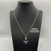 Gold boy pendant with blue birthstone on a chain displayed on a black bust.