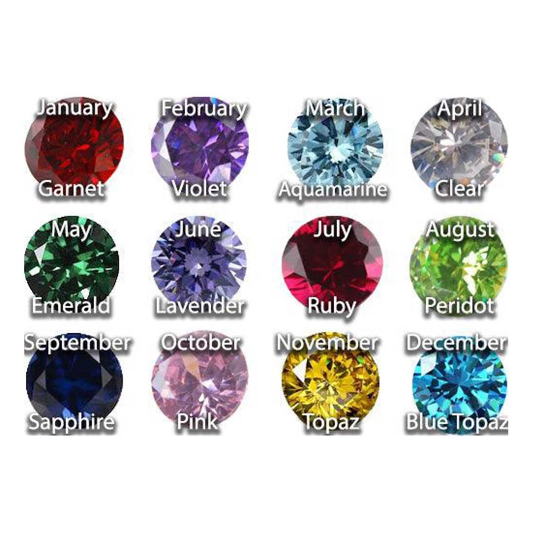 Grid of 12 sparkling gemstone color swatches labeled by month and stone name.