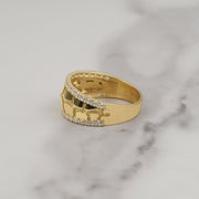 Side view of a gold nugget ring featuring sparkling CZ stones along edges.