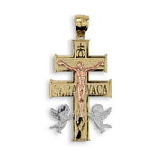 Front view of 10k/14k gold Caravaca cross charm with engraved lettering and dual angels.