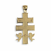 Back view of 10k/14k gold Caravaca cross pendant featuring textured finish and dual angels.