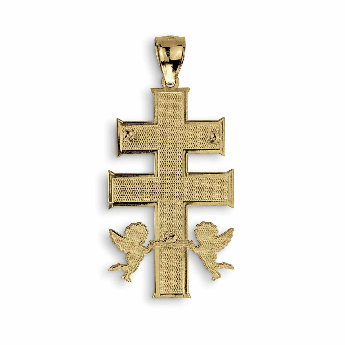 Back view of 10k/14k gold Caravaca cross pendant featuring textured finish and dual angels.