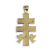 Back view of a textured gold Caravaca cross pendant with a plain, polished finish.
