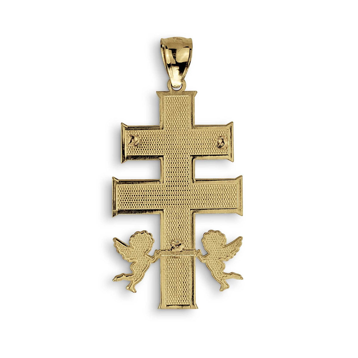 Back view of a textured gold Caravaca cross pendant with a plain, polished finish.