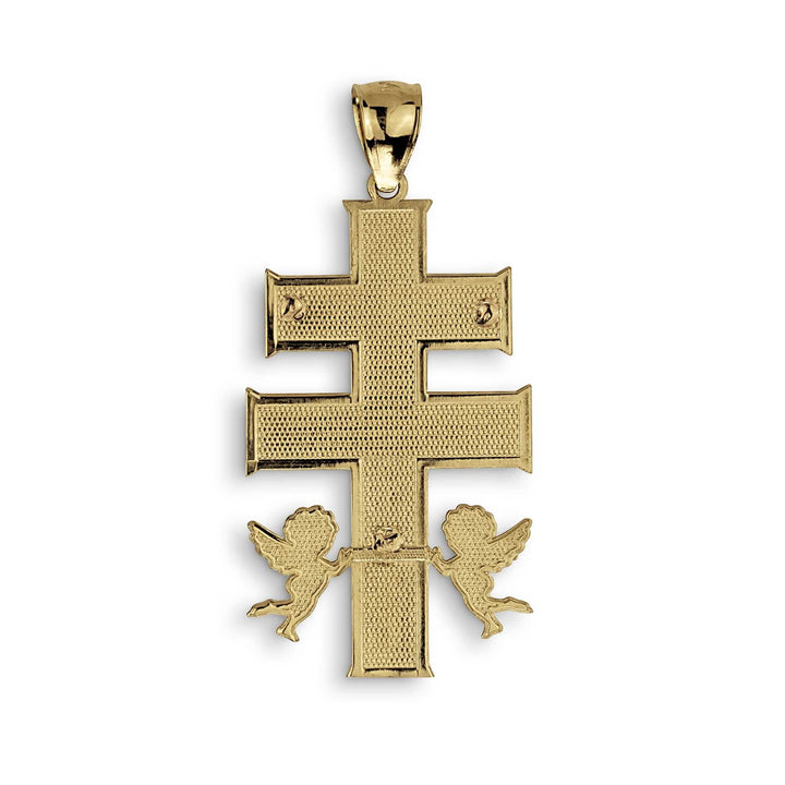 Back view of a textured gold Caravaca cross pendant with a plain, polished finish.