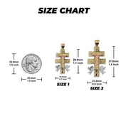 Size chart displaying two Caravaca cross pendants with height and width dimensions compared to a coin.