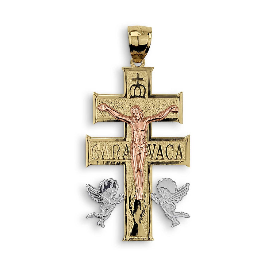 Two-tone gold Caravaca crucifix pendant featuring Jesus, angels, and engraved lettering on white background.
