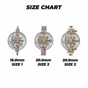 Size chart showing three gold turtle bracelets overlaid on coins for size reference.