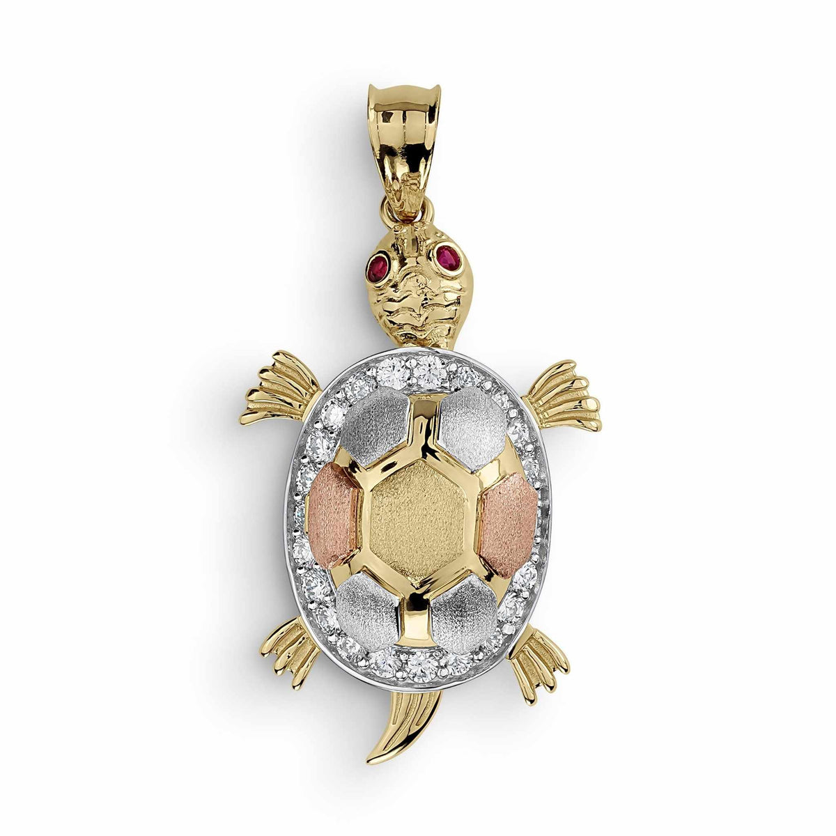 Isolated front view of a 10k or 14k tricolor gold turtle pendant charm without chain.