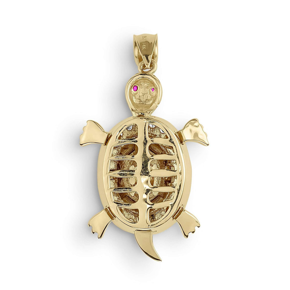Rear view of a 10k or 14k gold open-back turtle pendant isolated on white background.