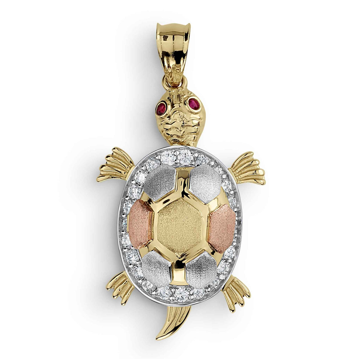 Tricolor gold turtle pendant featuring a detailed shell and sparkling cubic zirconia stones.