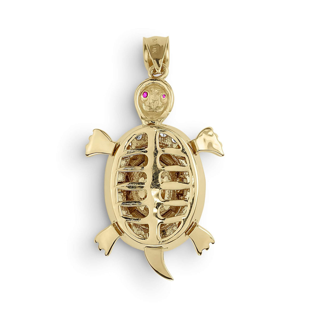 gold turtle pendant featuring an open-back textured shell and pink gemstone eyes