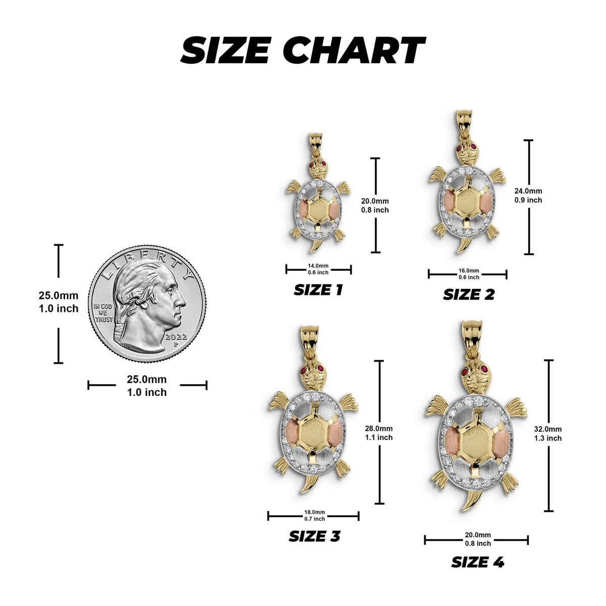 Product size chart graphic comparing four tricolor gold turtle pendant dimensions with a quarter.