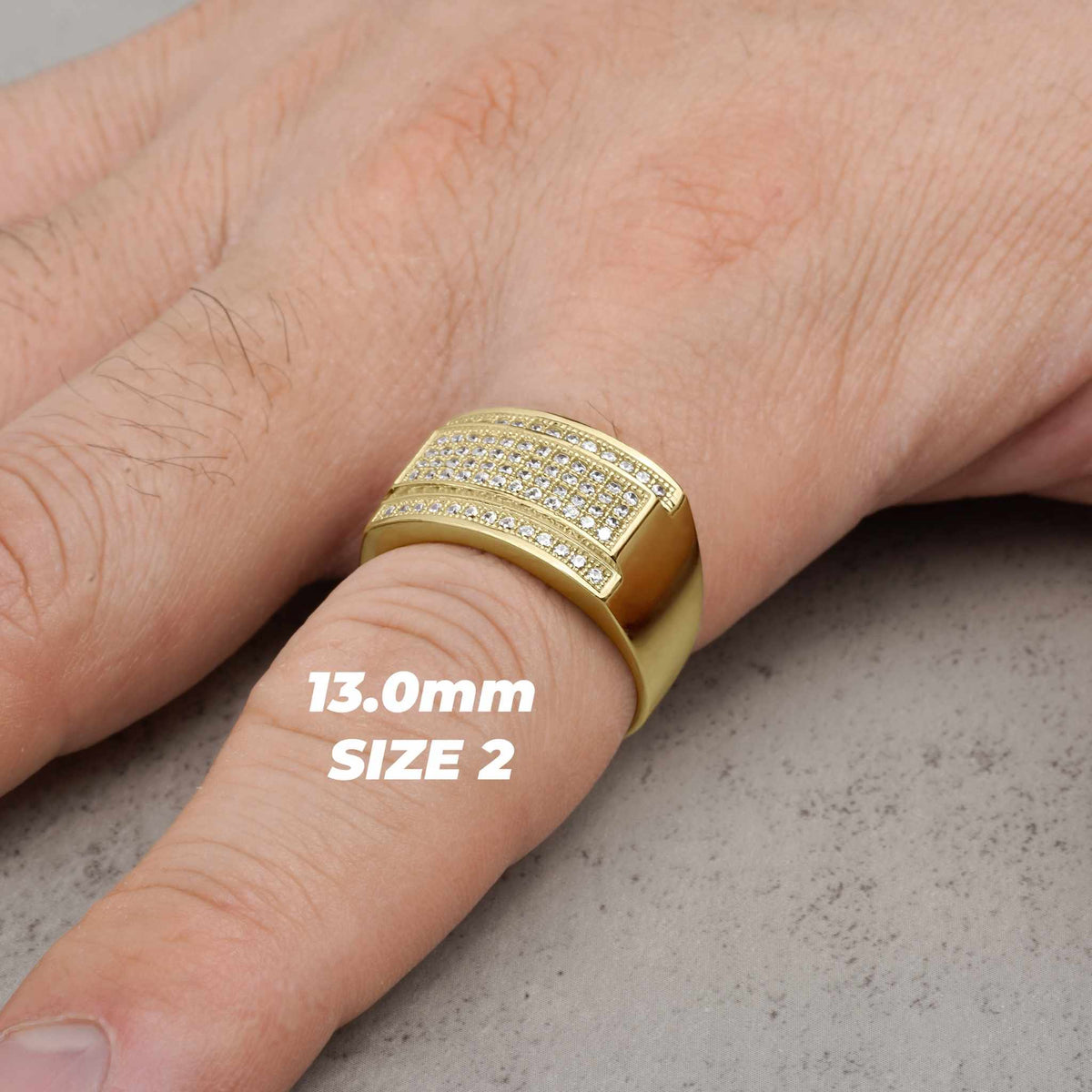 Model showcasing the 13.0mm Size 2 Circa Rectangle Band Ring on a finger.