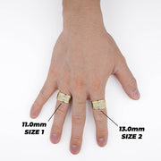 Size guide showing 11mm Size 1 and 13mm Size 2 rings on a hand.