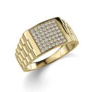 Men's yellow gold rectangle signet ring with a textured watch-band style shank