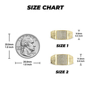 Size chart for the 10k & 14k Circa Rectangle Rollie Ring showing width measurements.
